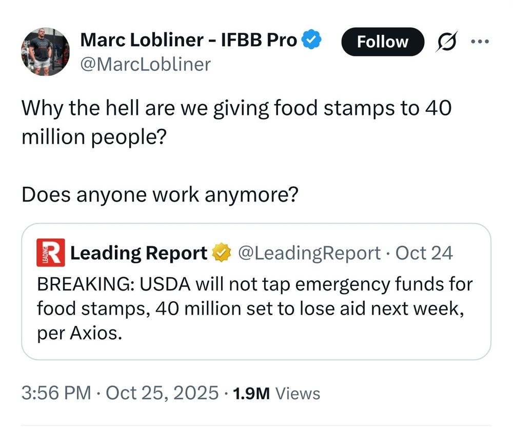A dickcheese @marclobliner bitching about children elderly n disabled getting food stamps bc unlike him they are living hand to mouth. He apparently has enough wealth falling out of his asshole he doesn't understand ppl who pay bills n have nothing left to purchase healthy food instead of dumpster diving n begging on street corners. Why he doesn't give some of his burden of wealth to help others no one knows. Money absolutely corrupts. He's a tiny dick MAGAt. 