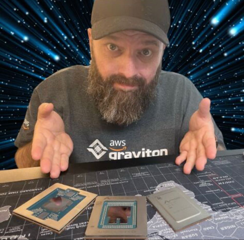 Picture of AWS Solution architect showing 3 Graviton processors (v2, 3 and 4) as if it was a poker hand. 