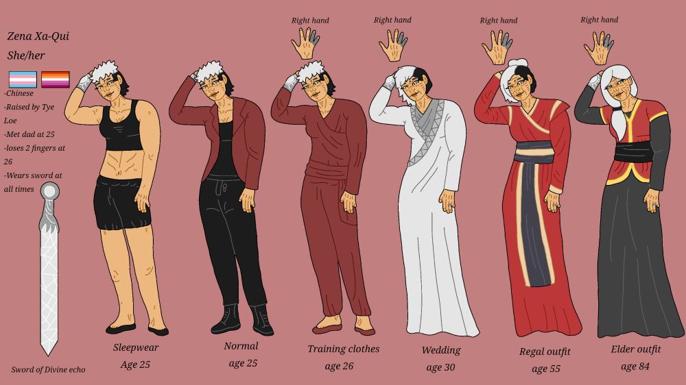 My oc Zena in 6 different designs for an Artfight reference. 