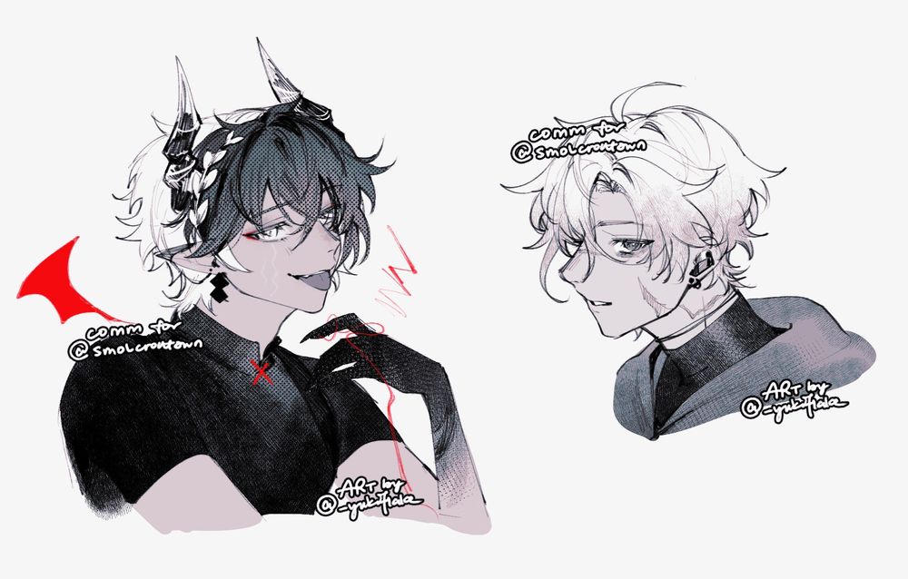 A bust-up and headshot sketch of smolcroutawn's characters.
