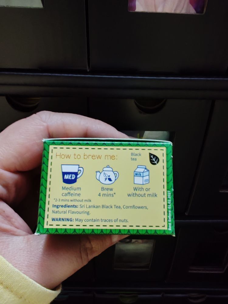 Brewing instructions and tea info.
Medium Caffeine, 4 min brew and with or without milk