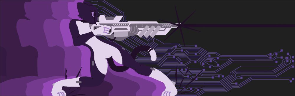 fursona: blank, anthro feline cyborg, wielding a railgun while sliding out of a blink-dash, monochrome purple image