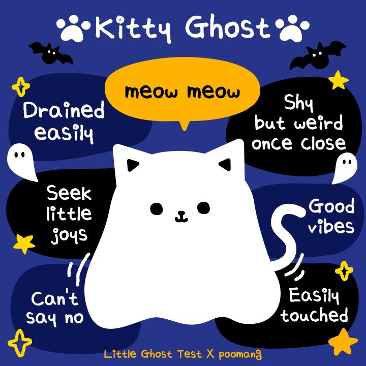 A result from the "Little Ghost Test", a personality test, saying that bluesky user "kibbychan" is a Kitty Ghost. Symptoms of this are

- drained easily
- seek little joys
- can't say no
- shy but weird once close
- good vibes
- easily touched 