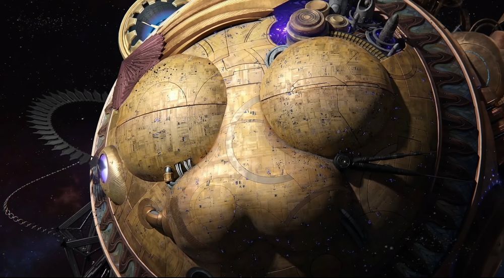 an image from a cutscene of the video game: "Kirby Air Riders". A clockwork star the size of a planet with a cat mouth known as "Nova"has their eyes close. 