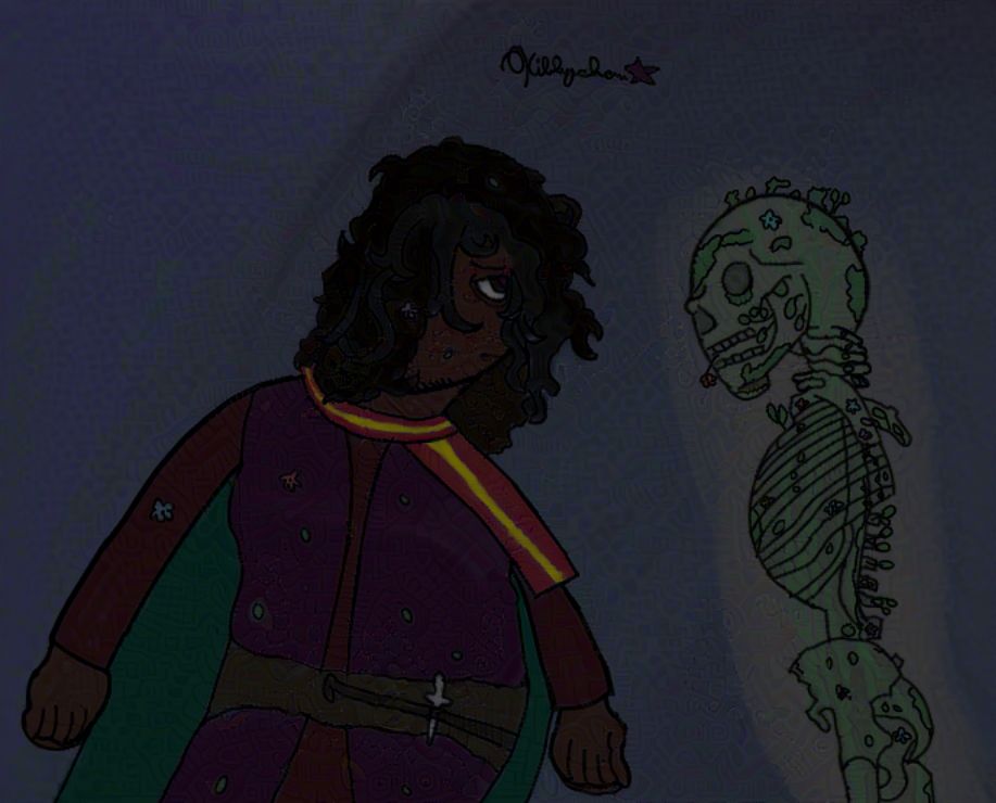 A woman named Amandala, a black haired dark skinned woman wearing a purple robe, red shirt, and green cape and red and yellow scarf, lies on a gloomy field, with a sad and tired yet wistful expression while staring at a skeleton overgrown with flowers, leaves and vines.