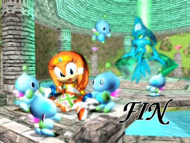 Ending screen for Last Story for the dreamcast game: "Sonic Adventure" shows the character "Tikal the Echidna", an anthropomorphic orange Echidna, taking care of the creatures "Chao" in a temple next to the "Master Emerald", next to an overgrown Chao known as "Chaos" The word "FIN" appears on screen. 