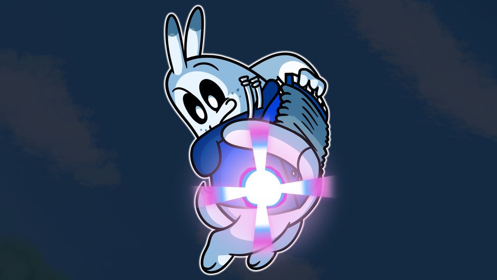 A blue alien holding an accordion charging a laser while up in the sky.