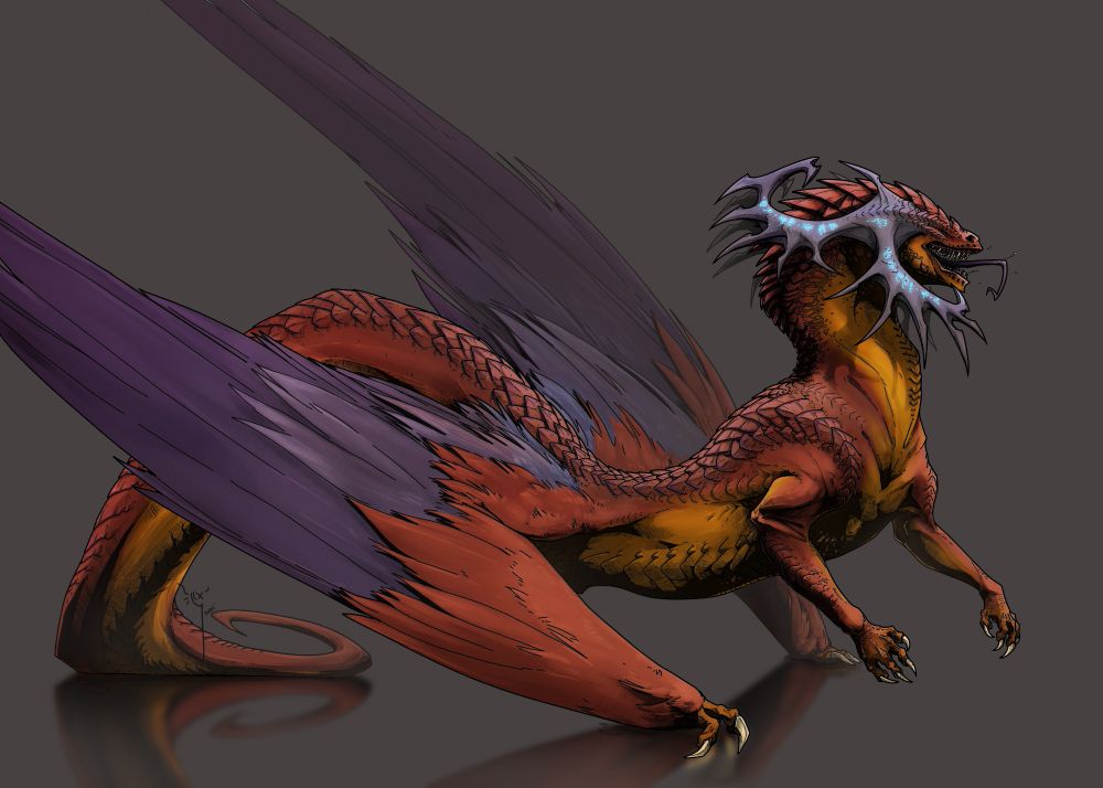Drawing of a maroon, yellow, and purple dragon. She has a massive rack of horns, on which are engraved several glowing blue runes. She has no eyes. Her wings are where her back legs should be, and they are feathered and large. She has a pair of muscled front legs with short claws. Her mouth is open, revealing lots of needle-like teeth and a very long tongue. 