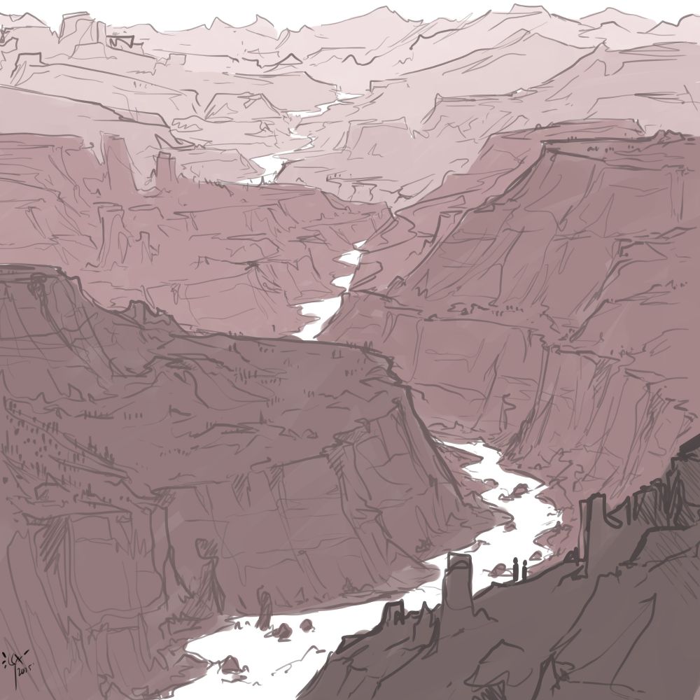 Digital drawing of a large canyon stretching off into the distance. There is a river that snakes through the canyon. The canyon is surrounded by steep cliffs and mesas. It is drawn loosely, and shaded in various shades of grey-red.