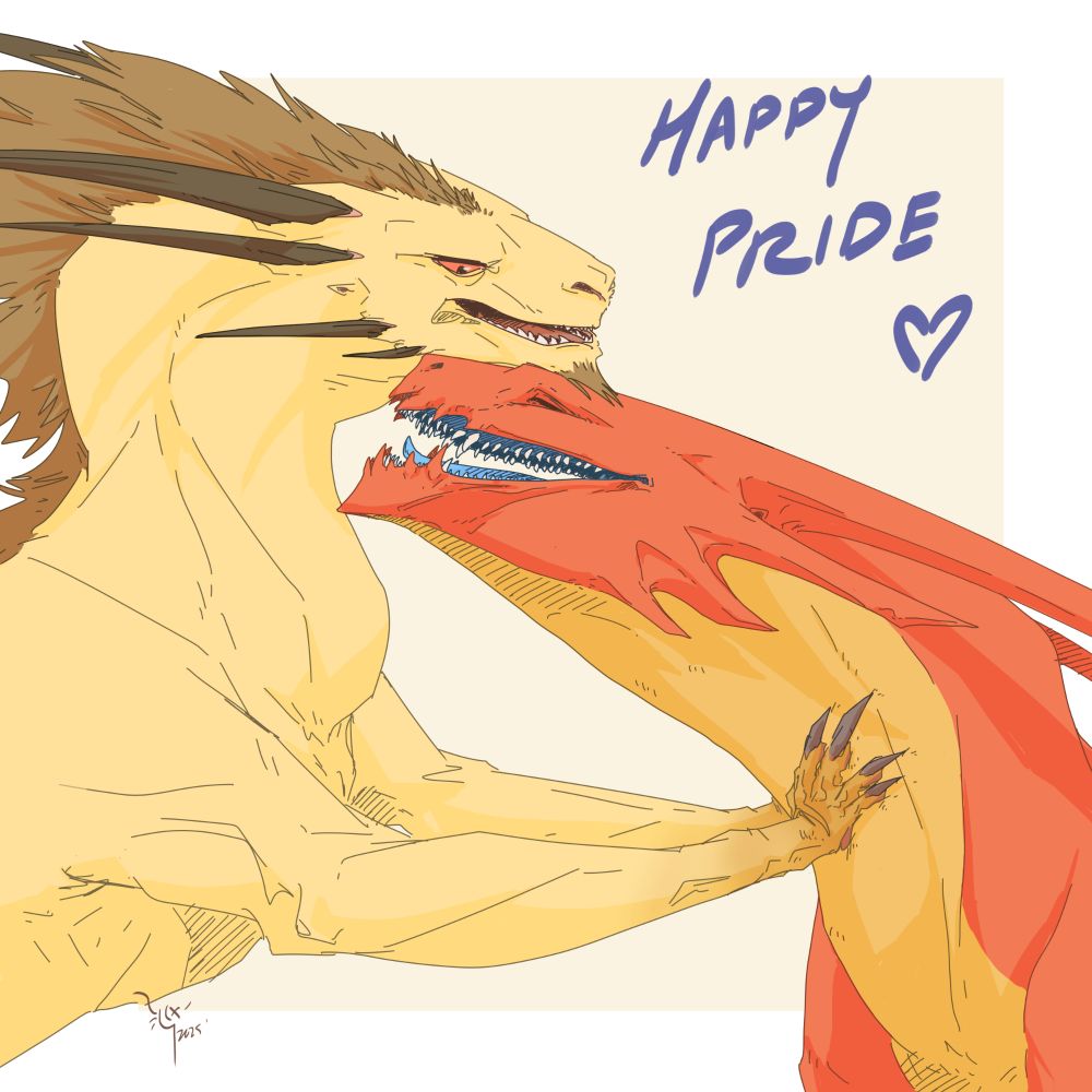 Sketch of two dragons.  One is pale tan, with a brown crest of fur and four brown horns.  He as a small goatee of brown hair.  His eyes are red.  He's pushing up against the neck of another dragon with his front paws in a frustrated gesture, while looking at the other dragon with an exhasperated but loving look.  The other dragon is red with a yellow belly.  He has four long horns, all red.  He has blue gums in his mouth.  He is wearing a very happy expression, with closed eyes, and is nuzzling the other dragon under the chin with his head.