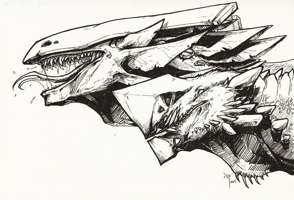 Drawing in black pen of two unique creatures, headshots. The one in the back has a long mask that covers the top half of his head, and covers his eyes. He has his mouth open, revealing a long forked tongue and large teeth. He has the ears of a horse, and two pairs of fins jutting from his cheeks. He has no scales. Three large metal bolts are embedded in his neck, each at the base of a large crest. The second creature has three sets of eyes, and a massive beak of sorts. She has a few pairs of exposed teeth with no lips covering them. Several blunt horns jut from her cheeks in varying sizes. She has a few scales, and large plates down the back of her neck. 