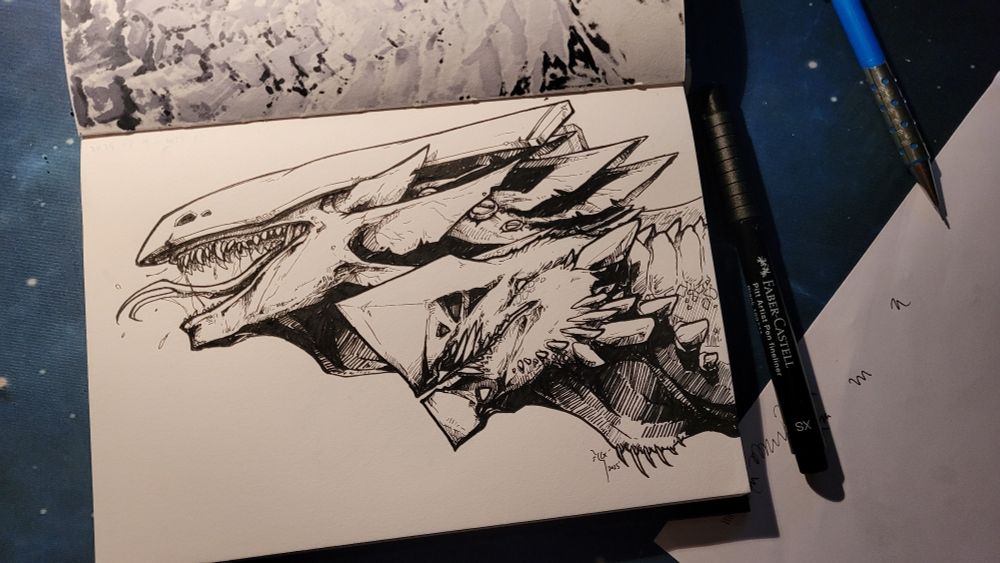 Drawing done in pen of two unique monsters, heads only. One has mouth open, with a split tongue like a snake. The top of its head is covered by a long mask, and covers its eyes. It has a pair of horse - like ears, and two pairs of fins on its cheeks. The other monster has a thick design, with tooth-like horns jutting from its cheeks. It has a massive beak-crest, and a few very weird long, but flat, teeth. 