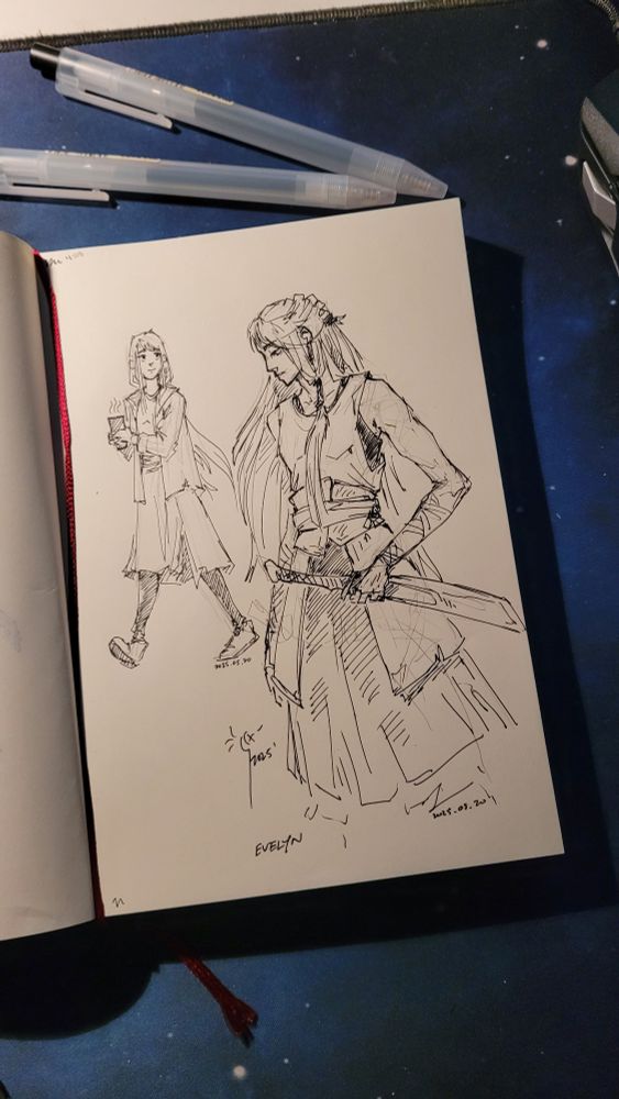 Photo of a sketchbook, open to a drawing done in ballpoint black pen of two women. One is done in a simple cartoon style. She has long hair, is wearing a skirt and open jacket and is holding a steaming mug in both hands, while walking. The other is done more realistically. The other is wearing a tank top, long skirt, with an open skirt overtop held with a leather and fabric belt. She is holding a short, sheathed sword in her left hand. Her hair is long, partially done with a braid. 