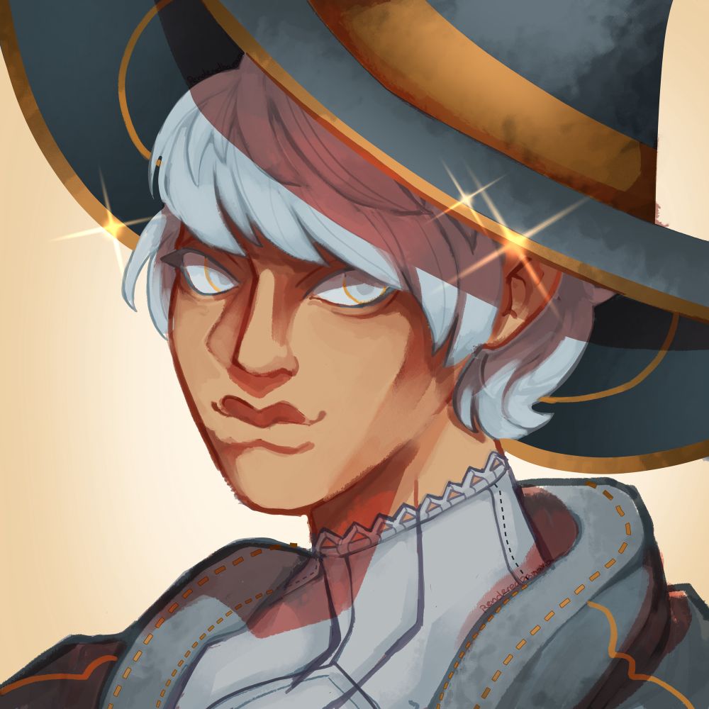 A painted headshot of a wizard. Most used colors are cool Gray and blue tones as well as gold details