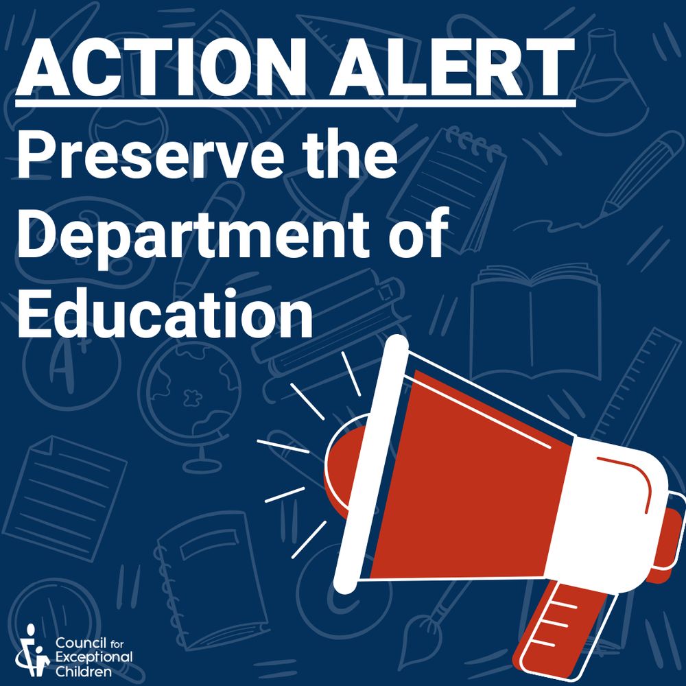 Dark blue background with a graphic of a red and white megaphone. The text reads, "Action Alert: Preserve the Department of Education"