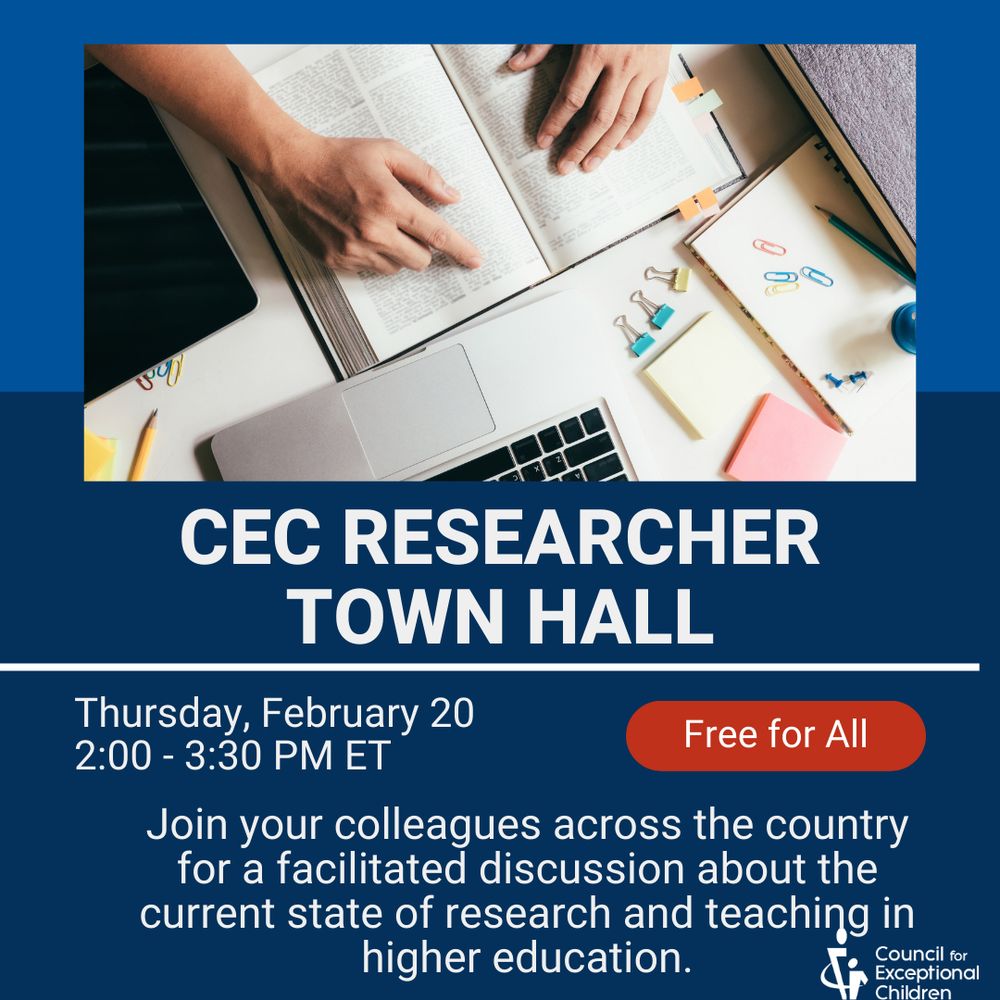 Dark blue and blue background with an image of a person looking at a book in front of a laptop. The text reads, "CEC Research Town Hall; Thursday, February 20, 2:00 - 3:30 PM ET; Free for all; Join your colleagues across the country for a facilitated discussion about the current state of research and teaching in higher education."