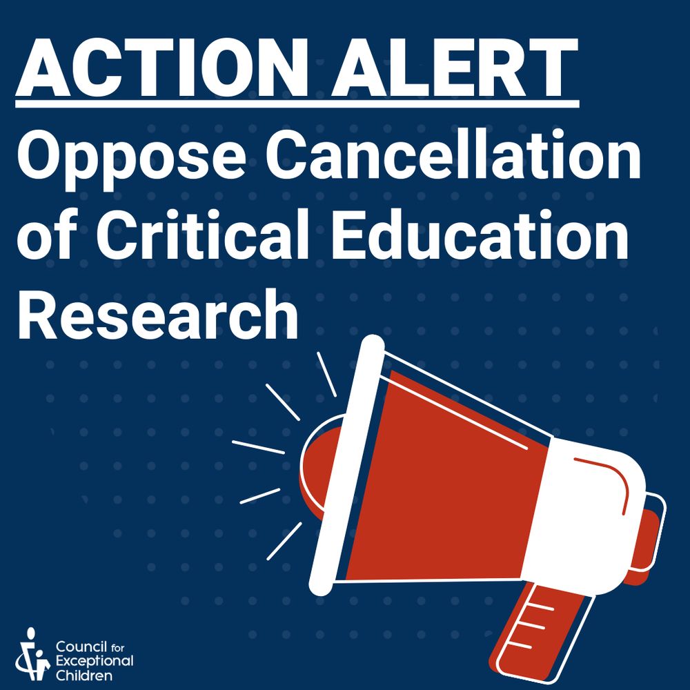 Dark blue background with a graphic of a red and white megaphone. The text reads, "Action Alert: Oppose Cancellation of Critical Education Research"