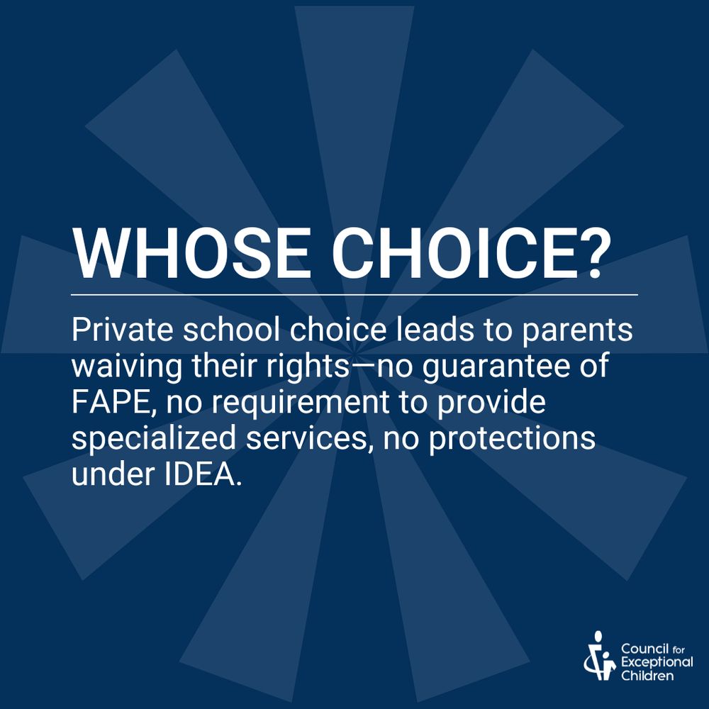 Dark blue graphic of lighter colored star background. The text reads, "Whose Choice? Private school choice leads to parents waiving their rights—no guarantee of FAPE, no requirement to provide specialized services, no protections under IDEA."