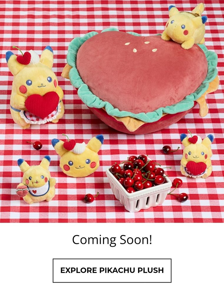 Screenshot of a range of cute pokemon merchandise 'coming soon' featuring pikachu as god intended (fat) and cuter still (red gingham aprons)
