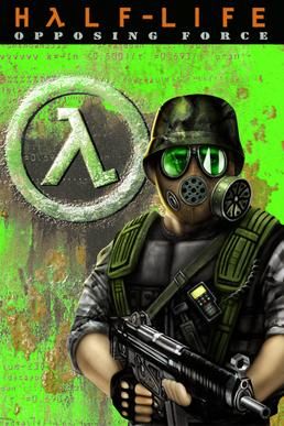 Half-Life: Opposing Force. Green colour scheme, with protagonist Adrian Shephard on the cover. He's holding an assault rifle.