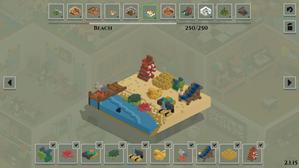 A screenshot from the game Voxelgram. A picture of a yellow voxel beach in at the center of the screen, complete with a lounge chair, sandcastles and other associated things.