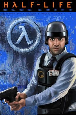 Half-Life: Blue Shift Cover Art. The player character, Barney Calhoun poses with a pistol in hand staring straight ahead with a frown on his face.