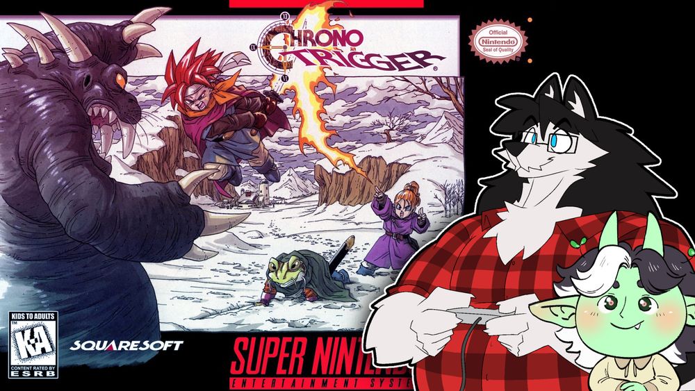 YouTube thumbnail graphic of the SNES Chrono Trigger boxart, with the PNGtuber art of my fursona Jimbo the husky and my partner's goblinsona in the foreground