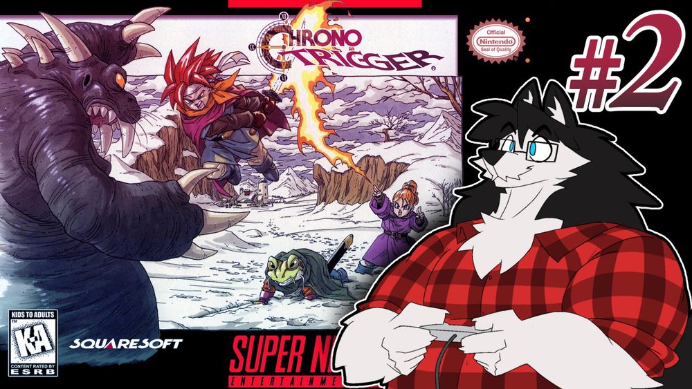 YouTube thumbnail graphic of the SNES Chrono Trigger boxart, with the PNGtuber art of my fursona Jimbo the husky in the foreground and #2 in the corner.