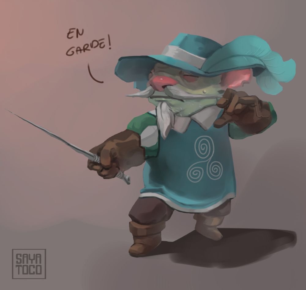 Ilustração digital de uma topeira com roupas de mosqueteiro, ela tem um cavanhaque branco. A topeira está em uma posição de luta com sua espada apontada para frente, ela também está dizendo "En garde!".