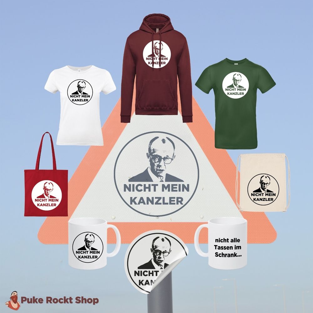 Eine Auswahl an Produkten im Shop. Motiv das Gesicht von merz und der text nicht mein kanzler 