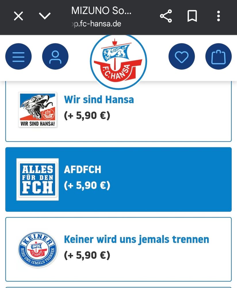 Ein Screenshot aus dem fanshop von Hansa Rostock. Da kann man sich ein Bild drauf drucken lassen mit dem text: alles für den fch, daneben der artikel name abgekürzt AFDFCH 