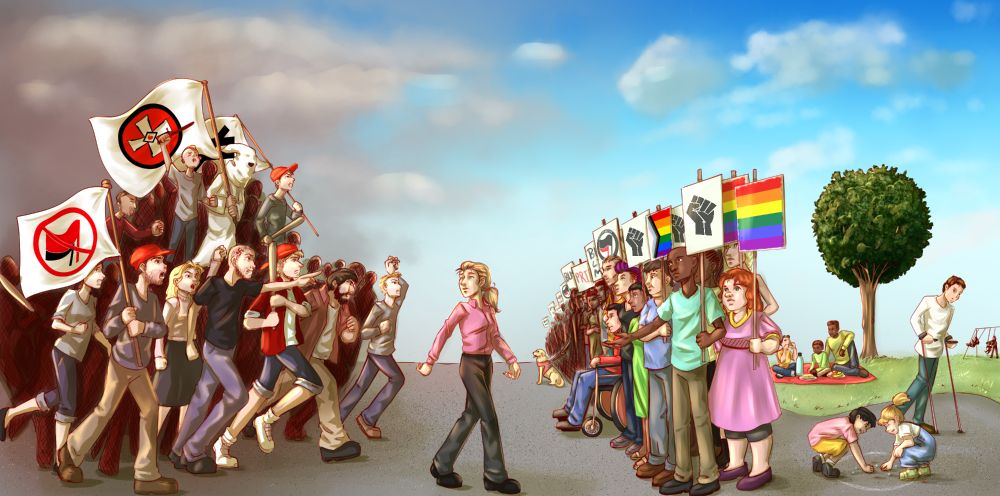 Person in pink top and with long blonde hair walking in between two groups. Walking towards a line of people holding pride, BLM, peace, trans, and progress signs who stand shoulder to shoulder to protect vulnerable people behind them. The person in the middle is looking over their shoulder to a group which seems angry with many carrying bricks, baseball bats or flags representing various extreme right ideas.