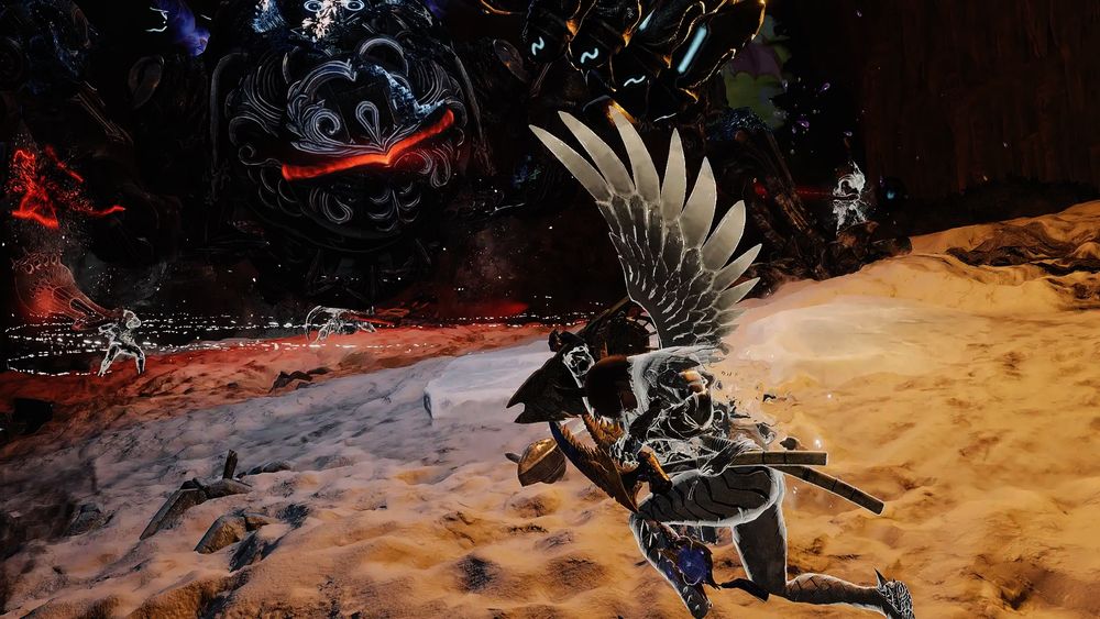 A winged hunter repels a giant robot fist with her shield