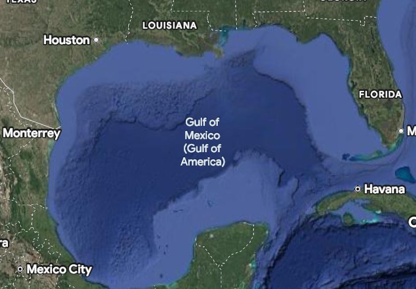 Screen capture of Google Maps with the Gulf of Mexico labeled “Gulf of Mexico (Gulf of America)”.