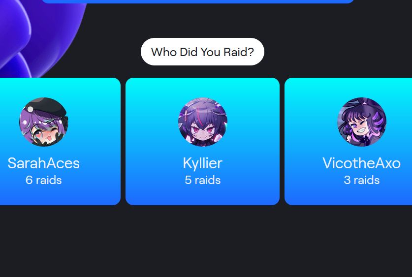 Image of 'Who Did You Raid?' from Twitch Recap 2024, showing SarahAces, Kyllier, and VicotheAxo, all of whom have similar purple-haired profile pictures.