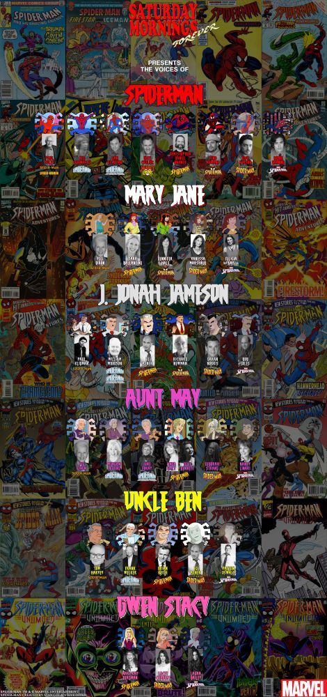 Infographic featuring the voices of Spider-Man, Mary Jane, J. Jonah Jameson, Aunt May, Uncle Ben and Gwen Stacy from the various Spider-Man Saturday morning shows.