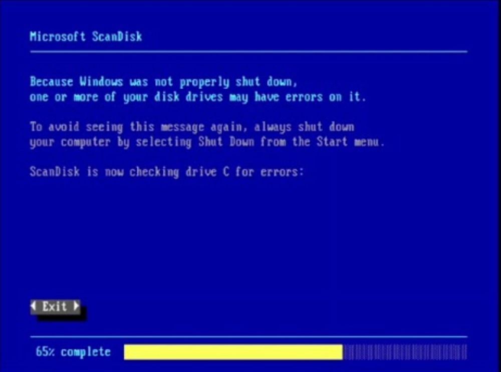A screenshot of the DOS program, Microsoft Scandisk, performing a disk checkup due to Windows being improperly shut down.