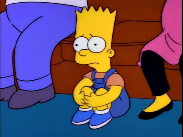 Toddler Bart Simpson sits curled up on the living room floor, shaken to his core