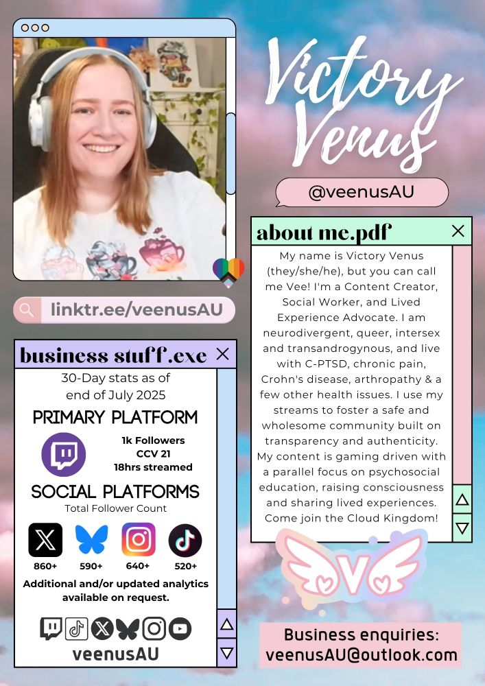 Victory Venus
@veenusAU

Business enquiries: veenusAU@outlook.com
Website: linktr.ee/veenusAU

30-day stats as of end of July 2025:
Primary Platform: Twitch - 1k Followers, CCV 21, 18hrs streamed.
Social Platforms: (total follower count):
X 860+
Bsky 590+
Instagram 640+
TikTok 520+.
Additional and/or updated analytrics available on request.

About me:
My name is Victory Venus (they/she/he), but you can call me Vee! I'm a Content Creator, Social Worker, and Lived Experience Advocate. I am neurodivergent, queer, intersex and transandrogynous, and live with C-PTSD, chronic pain, Crohn's disease, arthropathy & a few other health issues. I use my streams to foster a safe and wholesome community built on transparency and authenticity. My content is gaming driven with a parallel focus on psychosocial education, raising consciousness and sharing lived experiences. Come join the Cloud Kingdom!