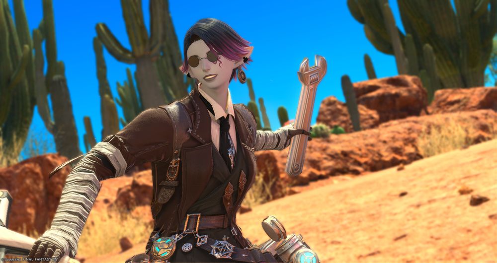Portrait of a FFXIV Duskwight Elezen. She's smiling while throwing a wrench at you.