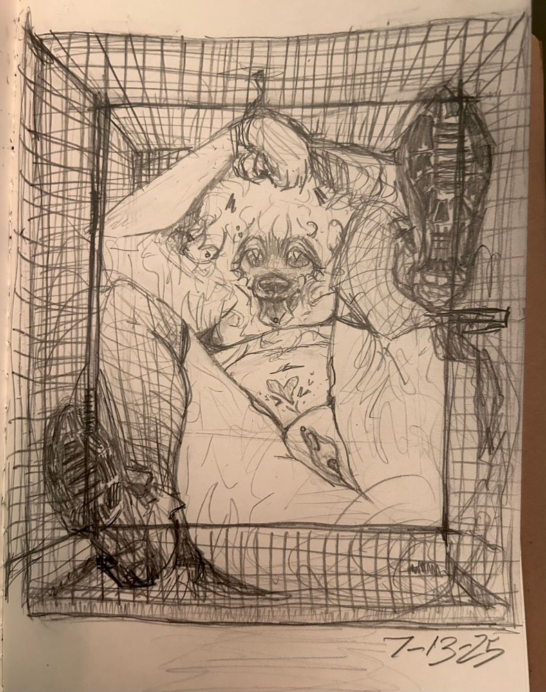 Goth baddie Bailey stuffed in a kennel with her hands bound to the top of the crate and the soles of her shoes pressed against the door frame. He is in sort of a squatting position, showing off her pussy, eager to be bred! He has piercings on his clit , tongue , ears , and eyebrows and a little black bikini barely holding on to his feminized body 