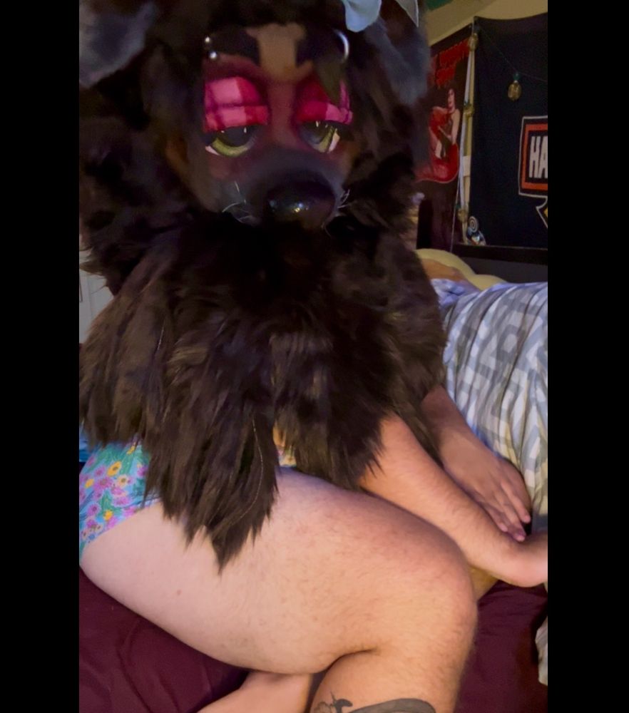 Bailey sitting to the right on the bed, looking over her shoulder at the camera, her big fluffy fur poncho hiding most of her upper body but her big butt is just barely peaking out