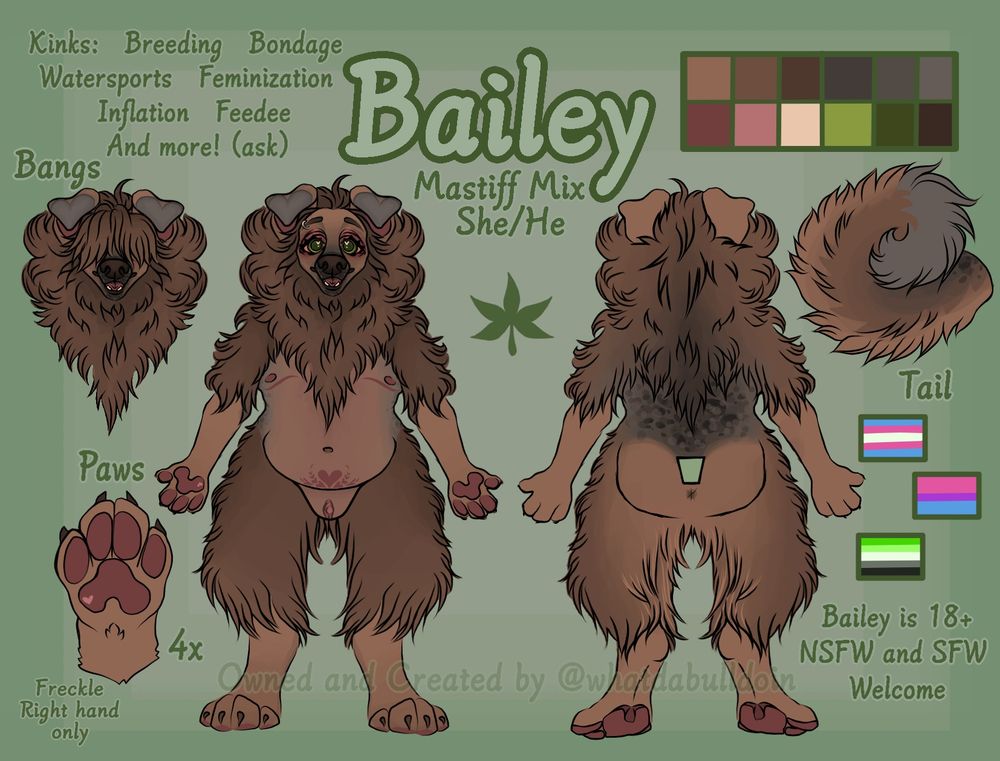 Bailey’s full nsfw reference sheet including the trans, aromantic and bisexual flags, a 2x6 grid of color swatches and a plethora of kinks ( breeding, bondage, watersports, feminization, inflation, feeder and more).