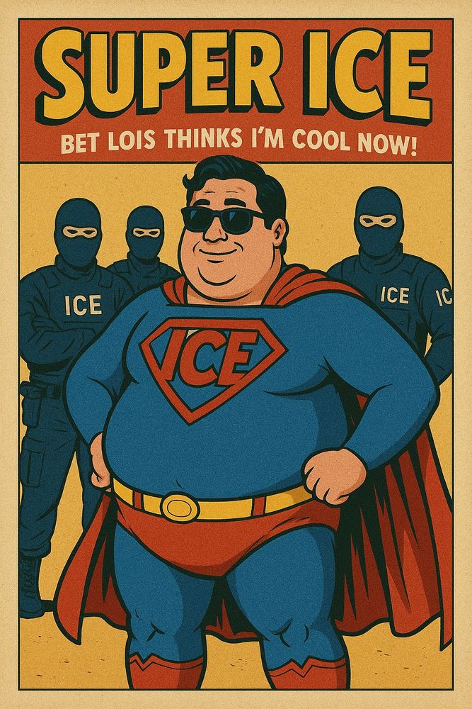 Cartoon of Dean cain as superman ICE agents in the background. 