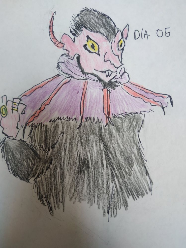 Desenho de um homem com características de rato,vestindo uma blusa peluda e preta,com uma gola de aparência membranosa,como asas de morcego.