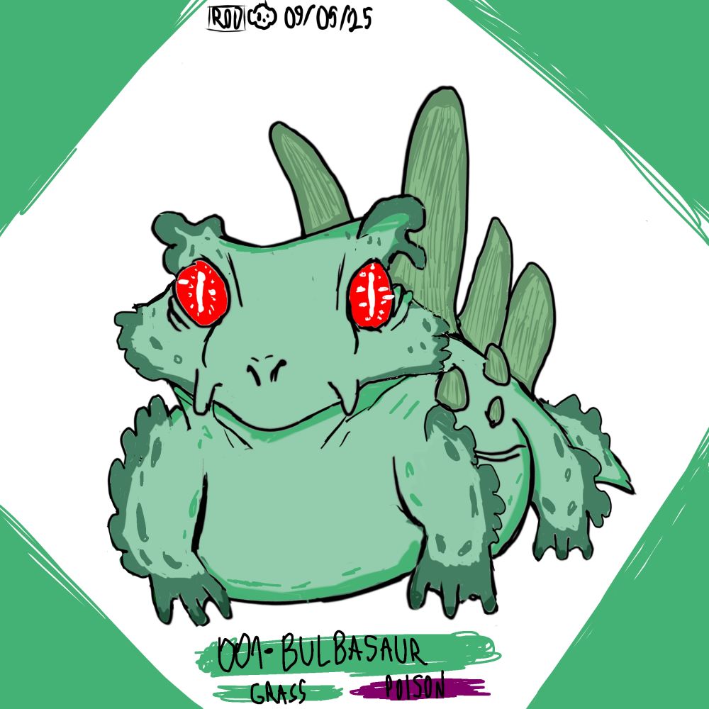 Redesign do Pokémon Bulbasaur. Um anfíbio verde-claro,coberto por liquen verde-escuro,com fungos prototaxistes crescendo nas costas,possui olhos vermelhos.
