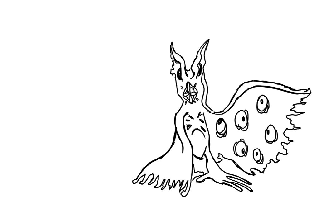 Lineart de um demônio parecido com um Morcego. Suas asas putridas  possuem olhos.