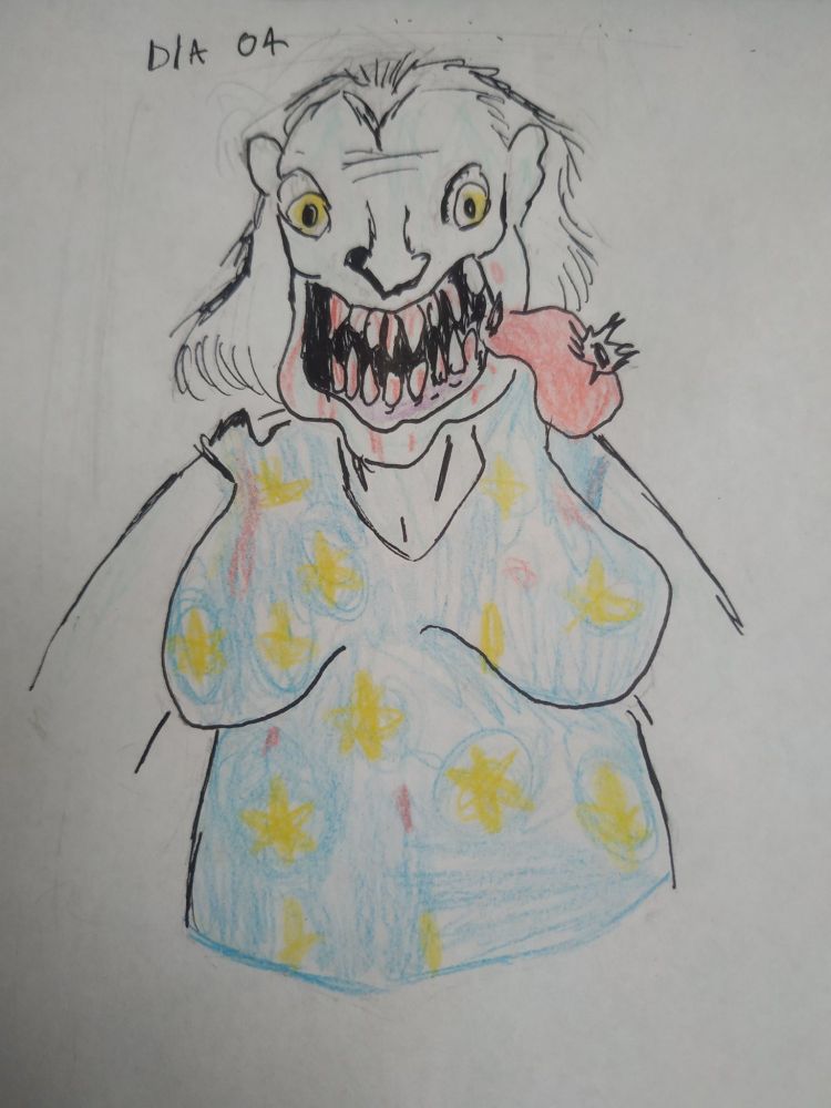 Desenho de uma mulher idosa com a mandíbula ensanguentada de uma fera para a boca,com uma bola furada entre os dentes. Veste uma camiseta azul com estrelas amarelas.