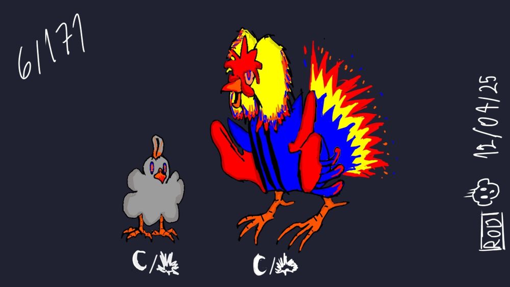 Desenho de fakemon pintinho e galo,o pintinho é coberto por plumagem densa que lembra fumaça e uma penugem incandescente. Seu bico e olhos brilham de maneira flamejante. O galo tem cores azuis,vermelhas e amarelas,caudas de faíscas flamejantes e suas penas da cabeça e crista formam o penteado de um rockstar.  Seu corpo tem a forma de um corpo de guitarra com penas pretas simulando cordas.