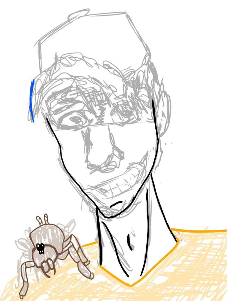 Rascunho de um garoto sorridente,usando um boné e uma camisa laranja,com uma aranha em seu ombro. 